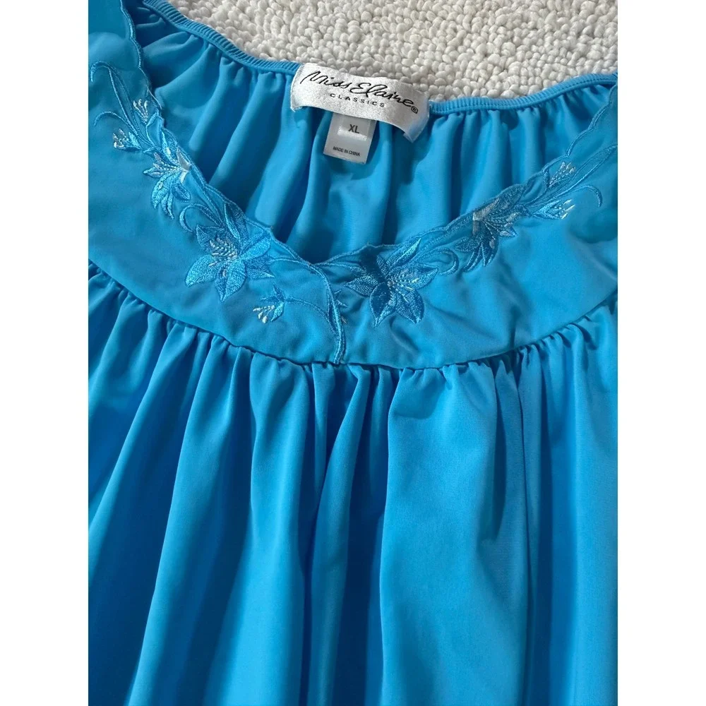 VTG Miss Elaine Classics Blue Floral Embroidered Nylon Nightgown XL 20809BT‎